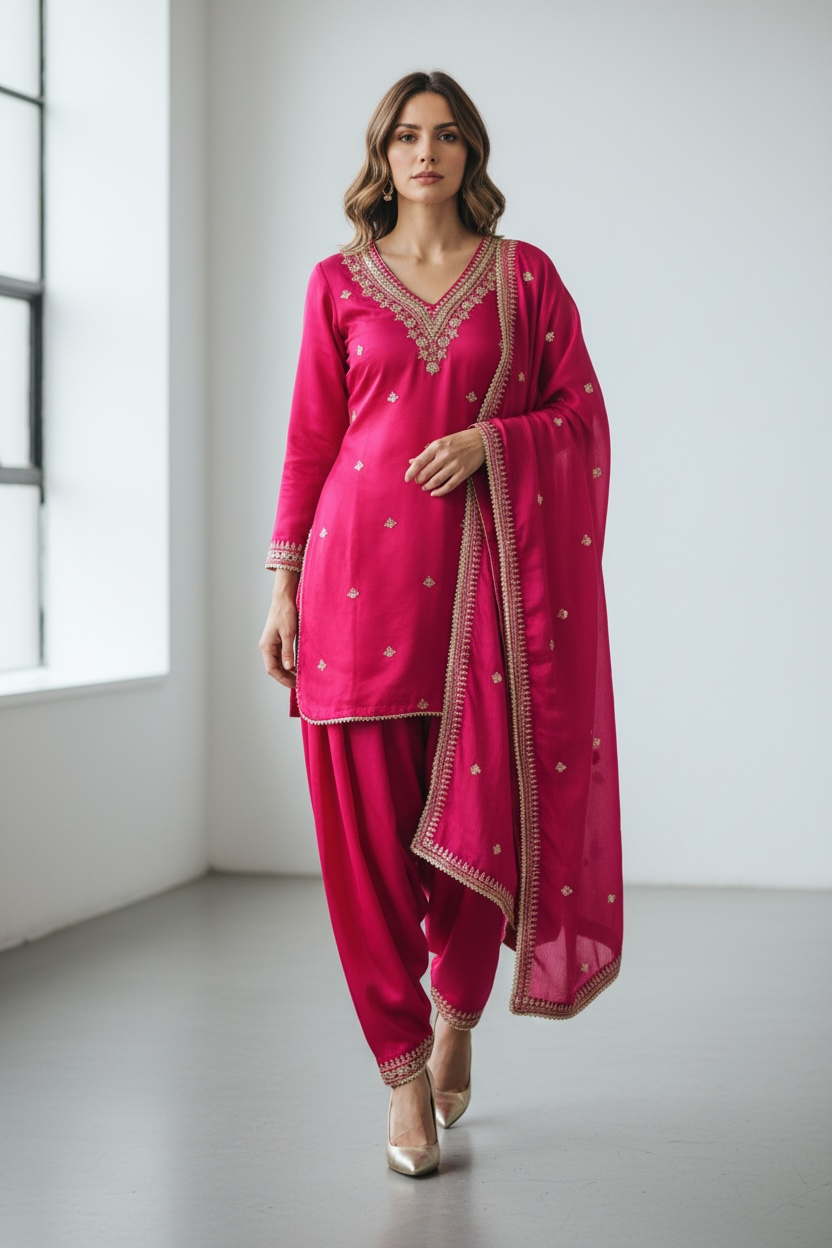 3 Piece Stitched Partywear Silk Suit with Gold Embroidery (D4)