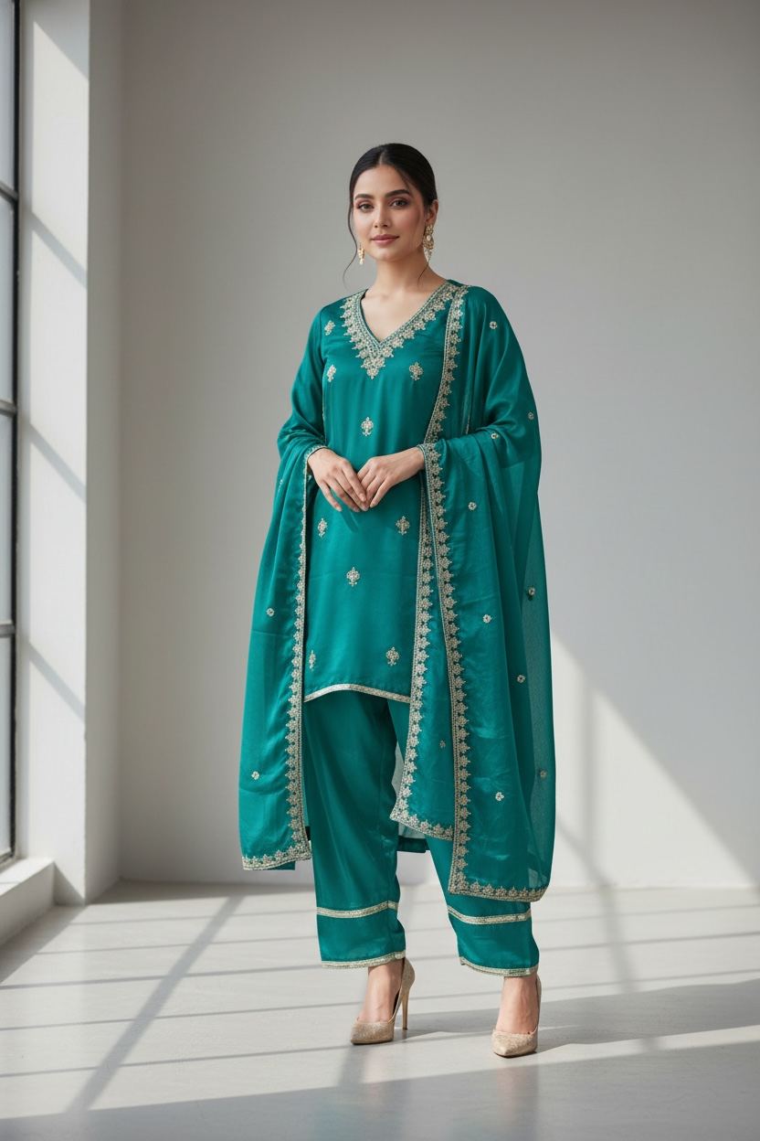 3 Piece Stitched Partywear Silk Suit with Gold Embroidery (D41)
