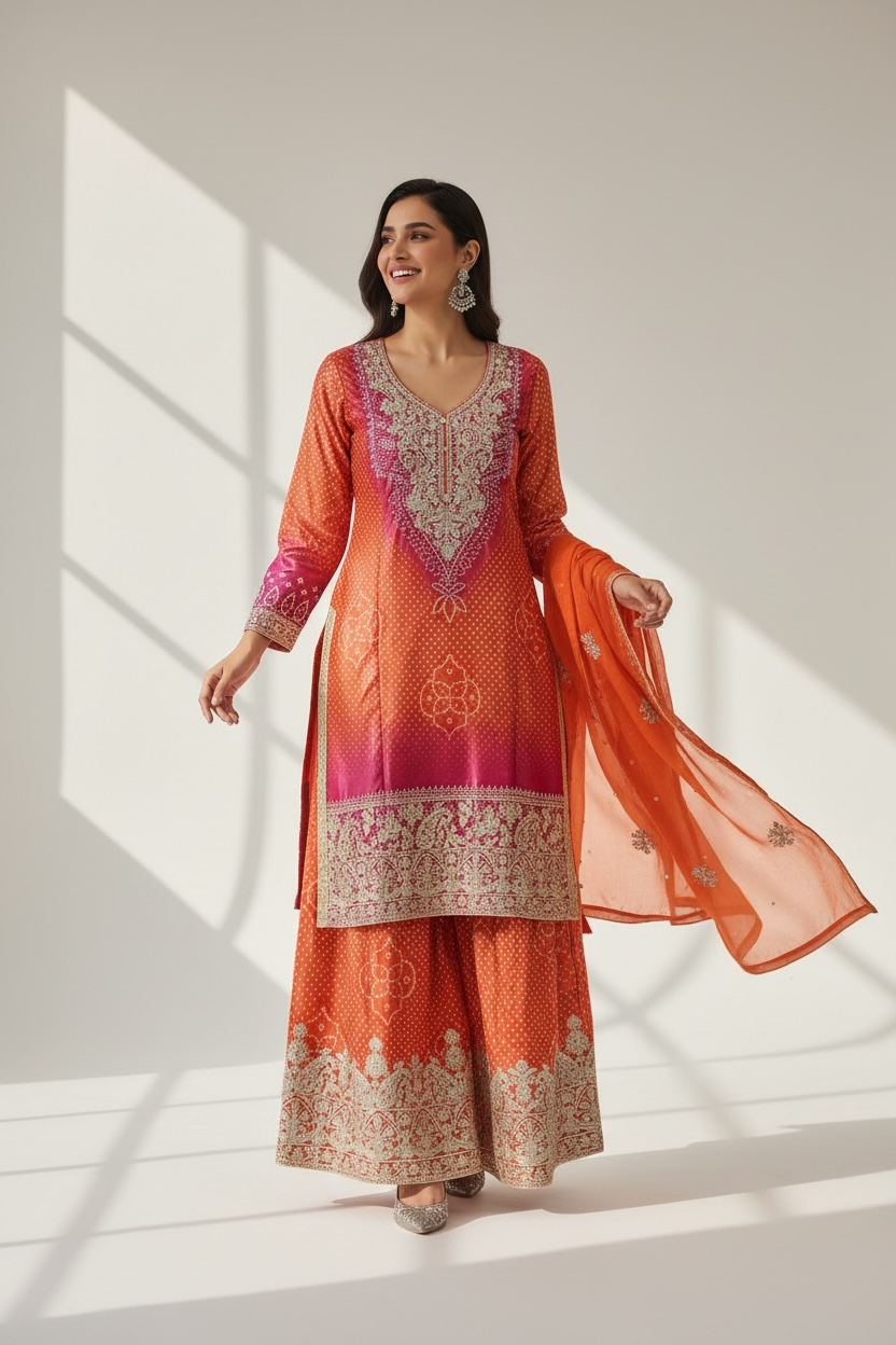 3 Piece Stitched Partywear Bandani iStyle Silk Suit in Orange and Pink (D57)