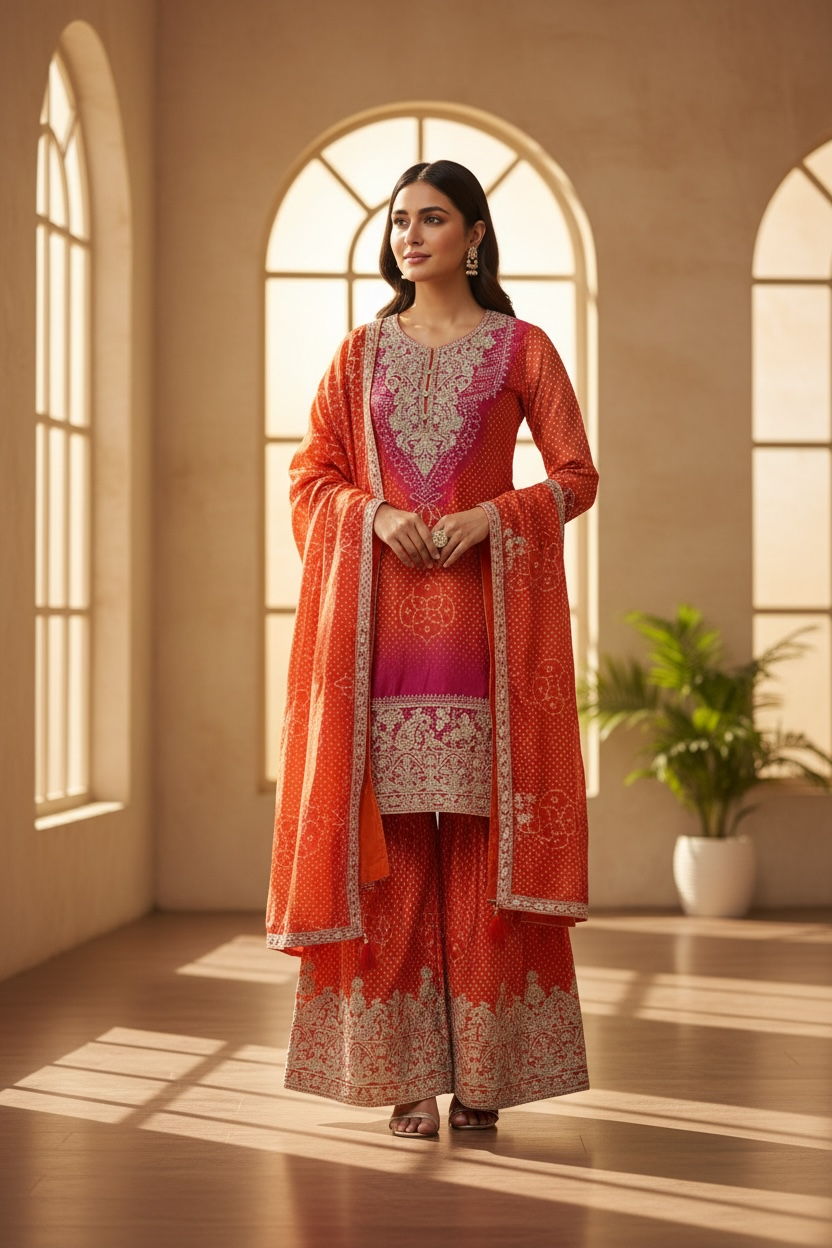 3 Piece Stitched Partywear Bandani iStyle Silk Suit in Orange and Pink (D57)