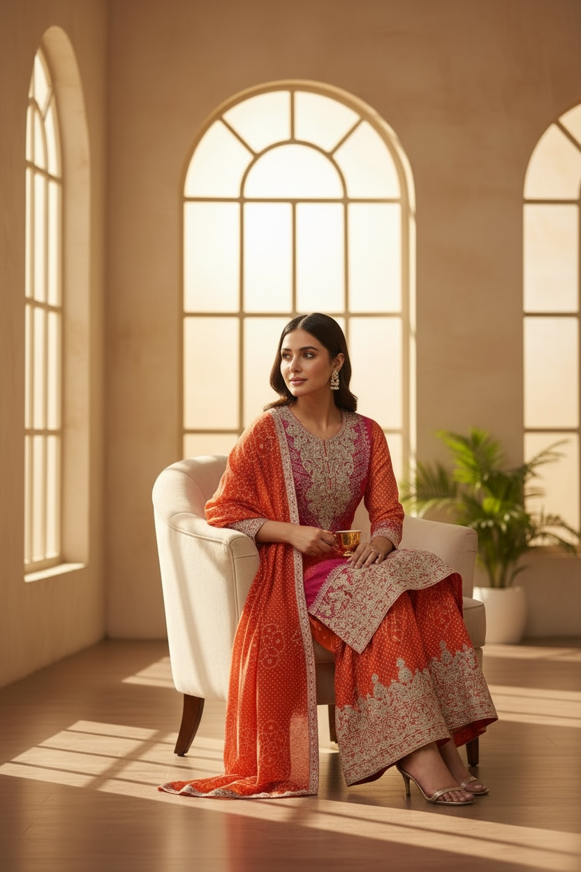 3 Piece Stitched Partywear Bandani iStyle Silk Suit in Orange and Pink (D57)