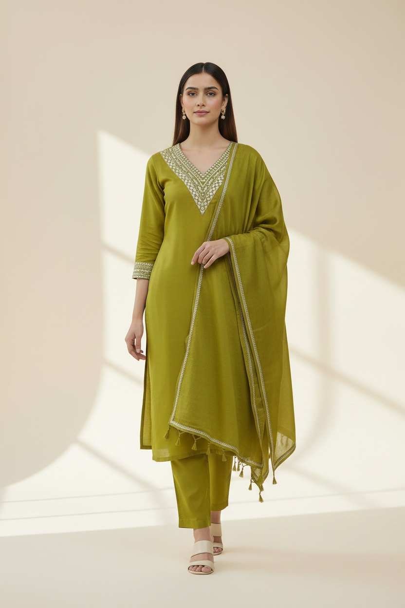 3 Piece Stitched Partywear Cotton Silk Suit with Gold Embroidery (D55)