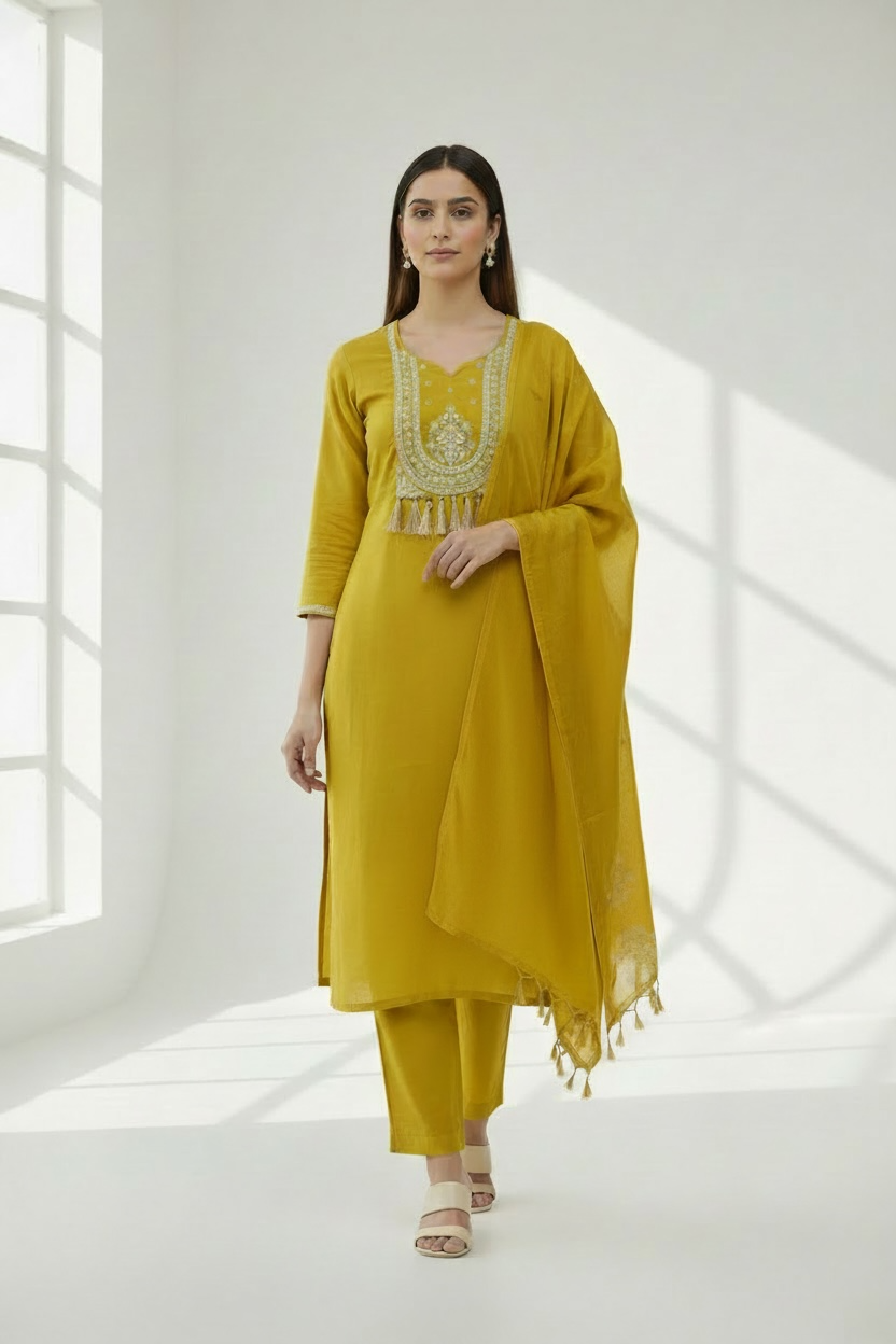 3 Piece Stitched Partywear Cotton Silk Suit with Gold Embroidery (D36) Chest Size 38