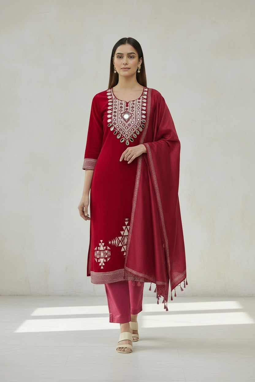 3 Piece Stitched Partywear Silk Kameez with Embroidery and Mirrors (D5) - Chest Size 38