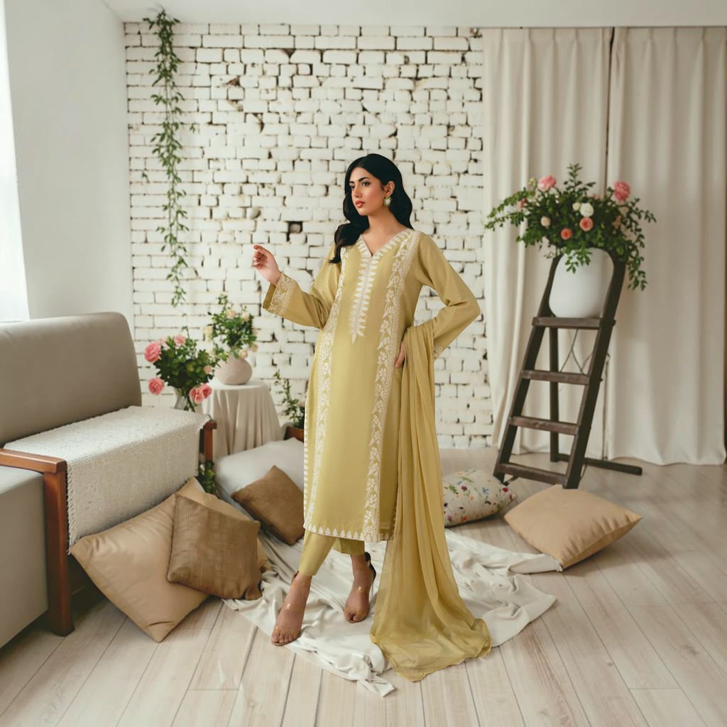 3 Piece Stitched Mustard Linen Suit (SF03)