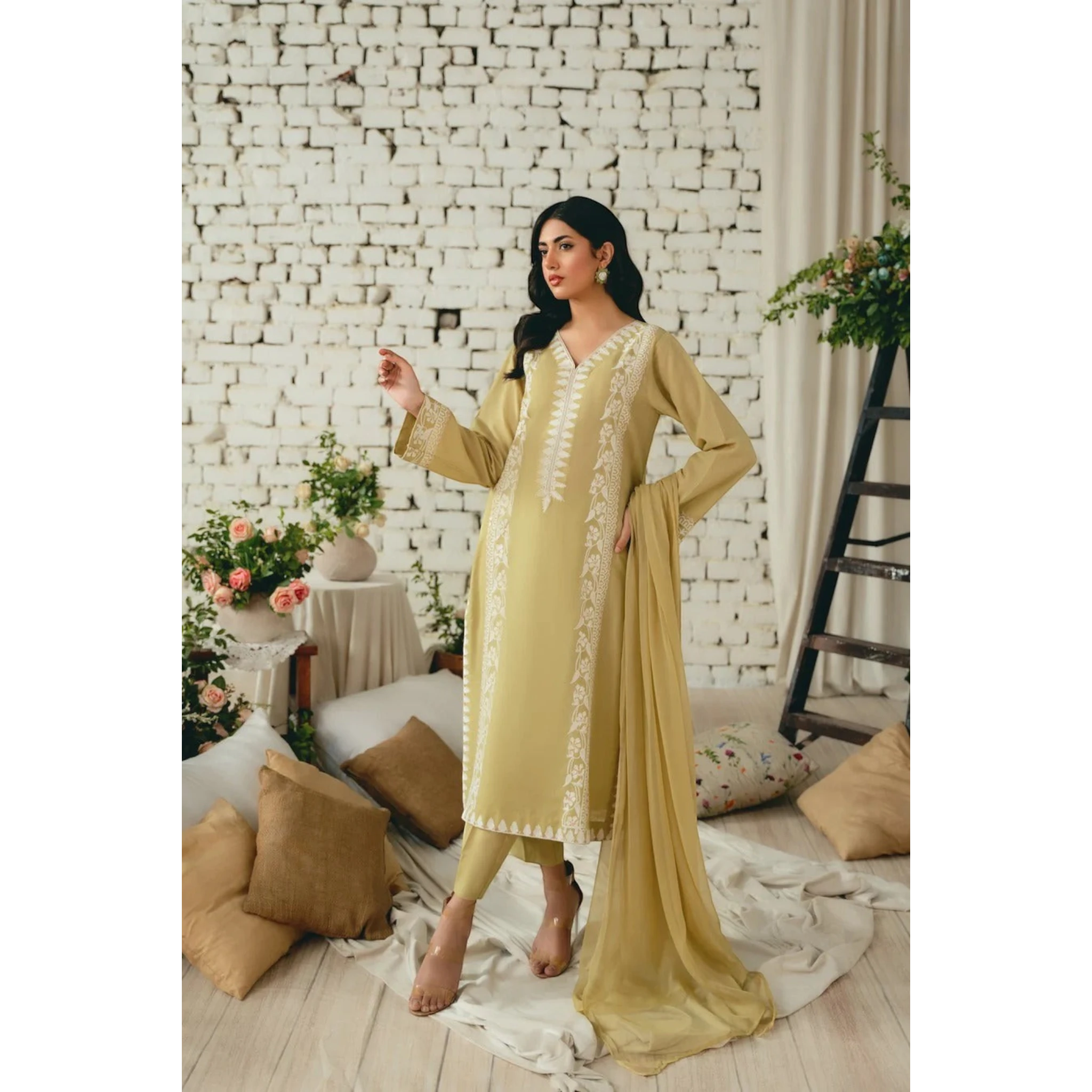 3 Piece Stitched Mustard Linen Suit (SF03)
