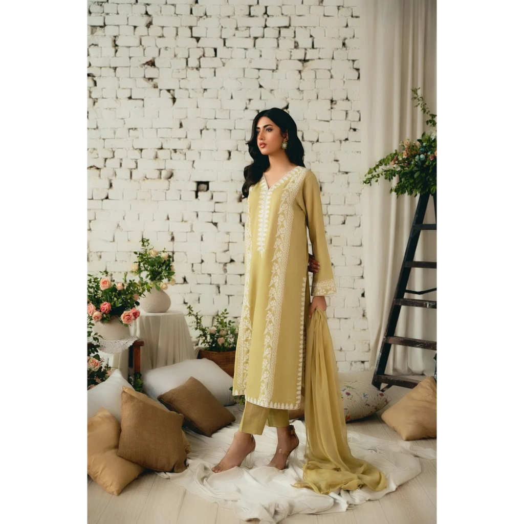 3 Piece Stitched Mustard Linen Suit (SF03)