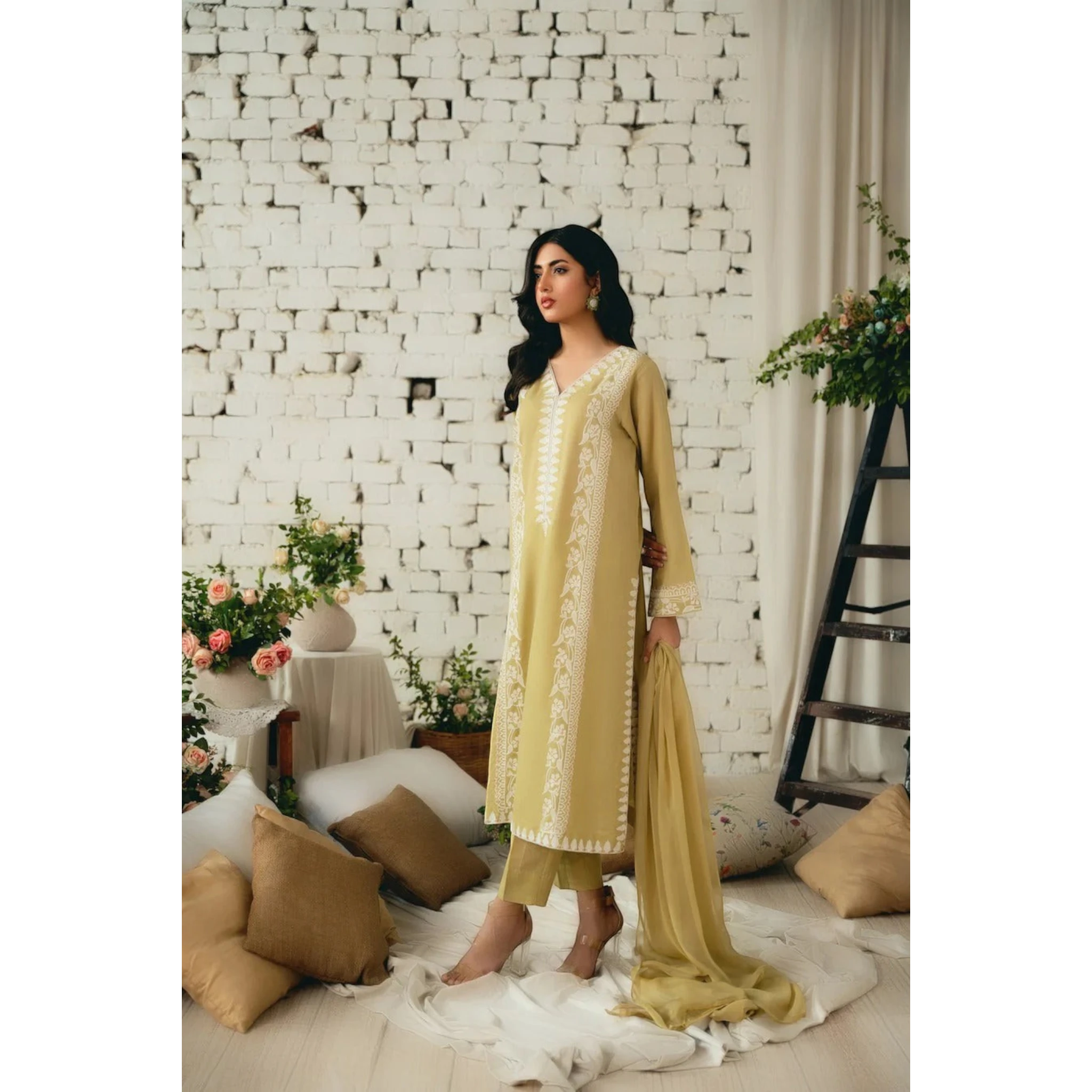 3 Piece Stitched Mustard Linen Suit (SF03)