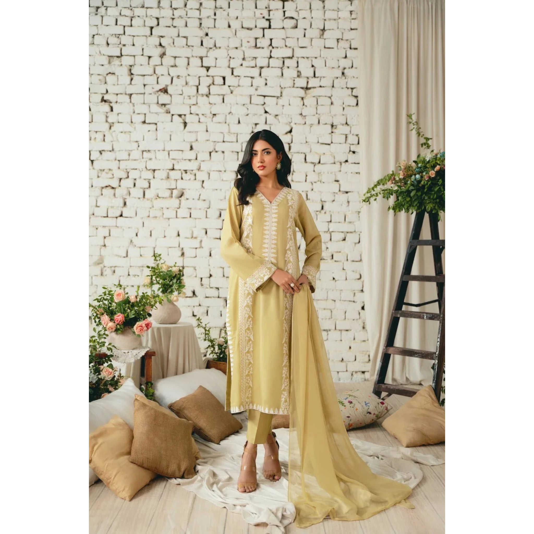 3 Piece Stitched Mustard Linen Suit (SF03)