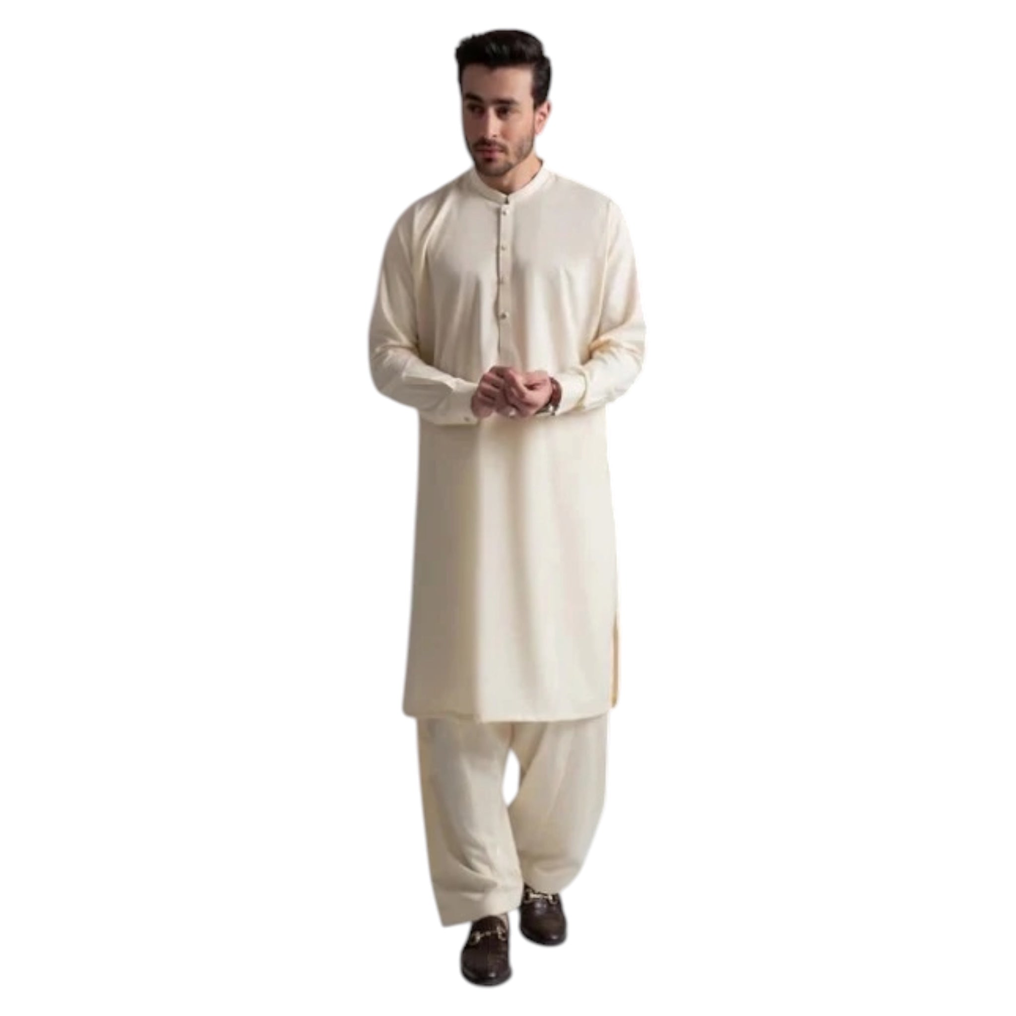 Mens Stitched Cream Premium Salwar Kameez Embroidery on Ban Collar (BP24)