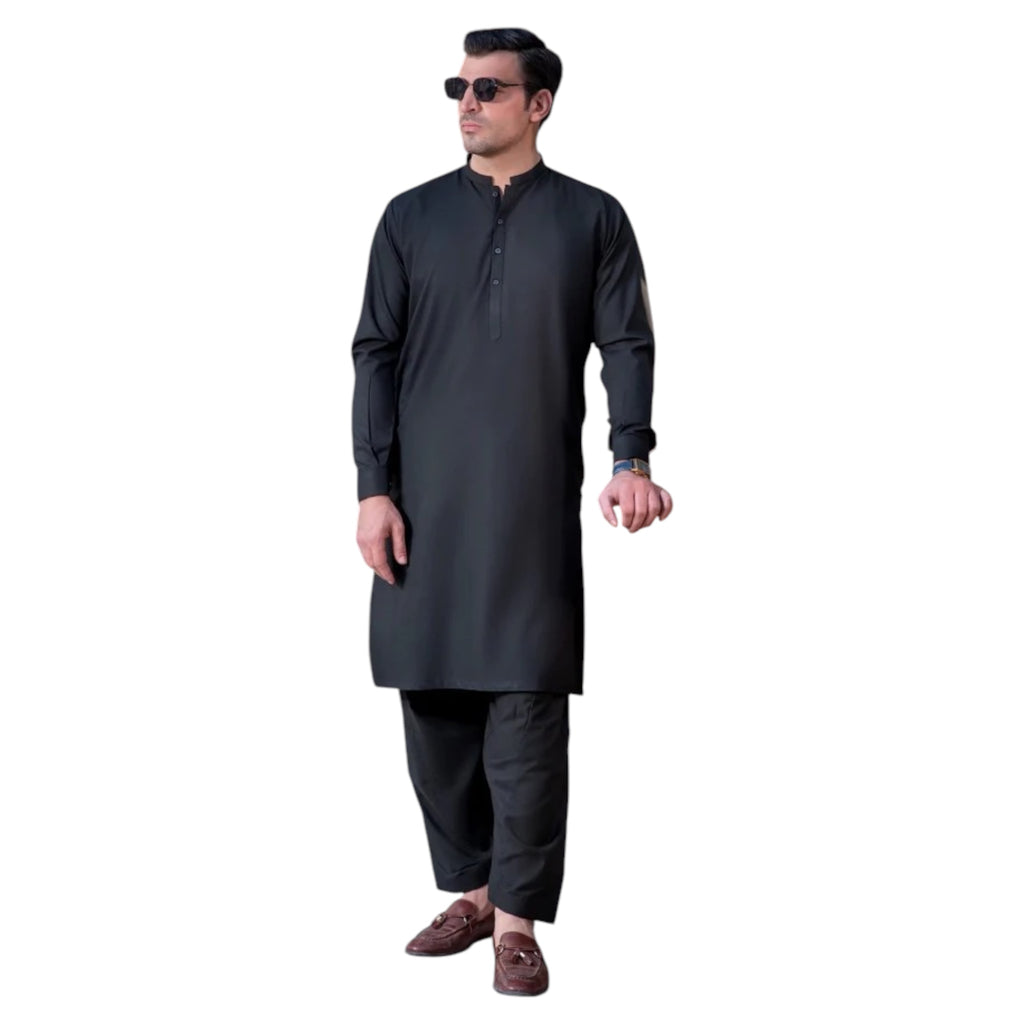 Mens Stitched Black Premium Salwar Kameez Plain Ban Collar (BP23)