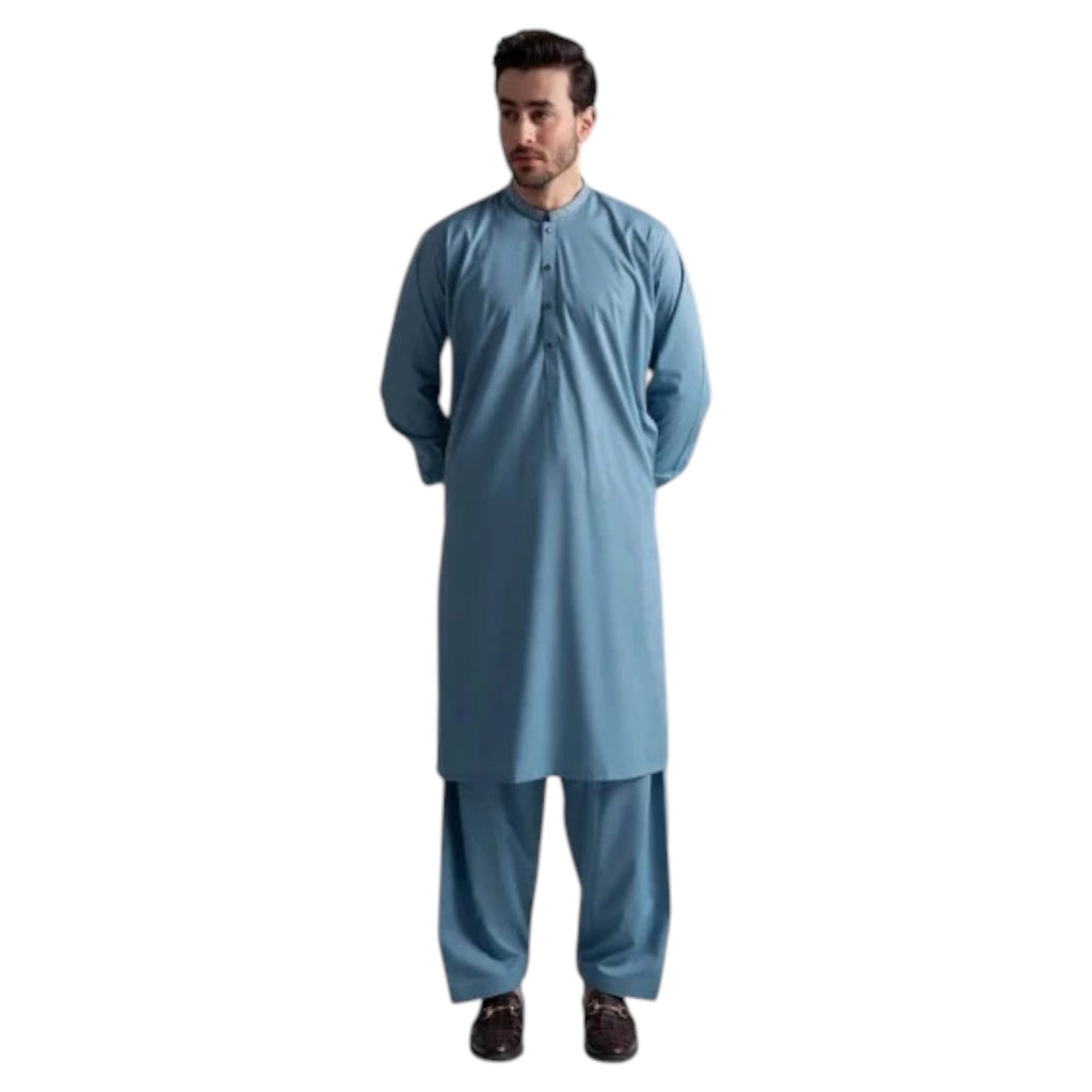 Mens Stitched Blue Premium Salwar Kameez Plain Ban Collar (BP22)