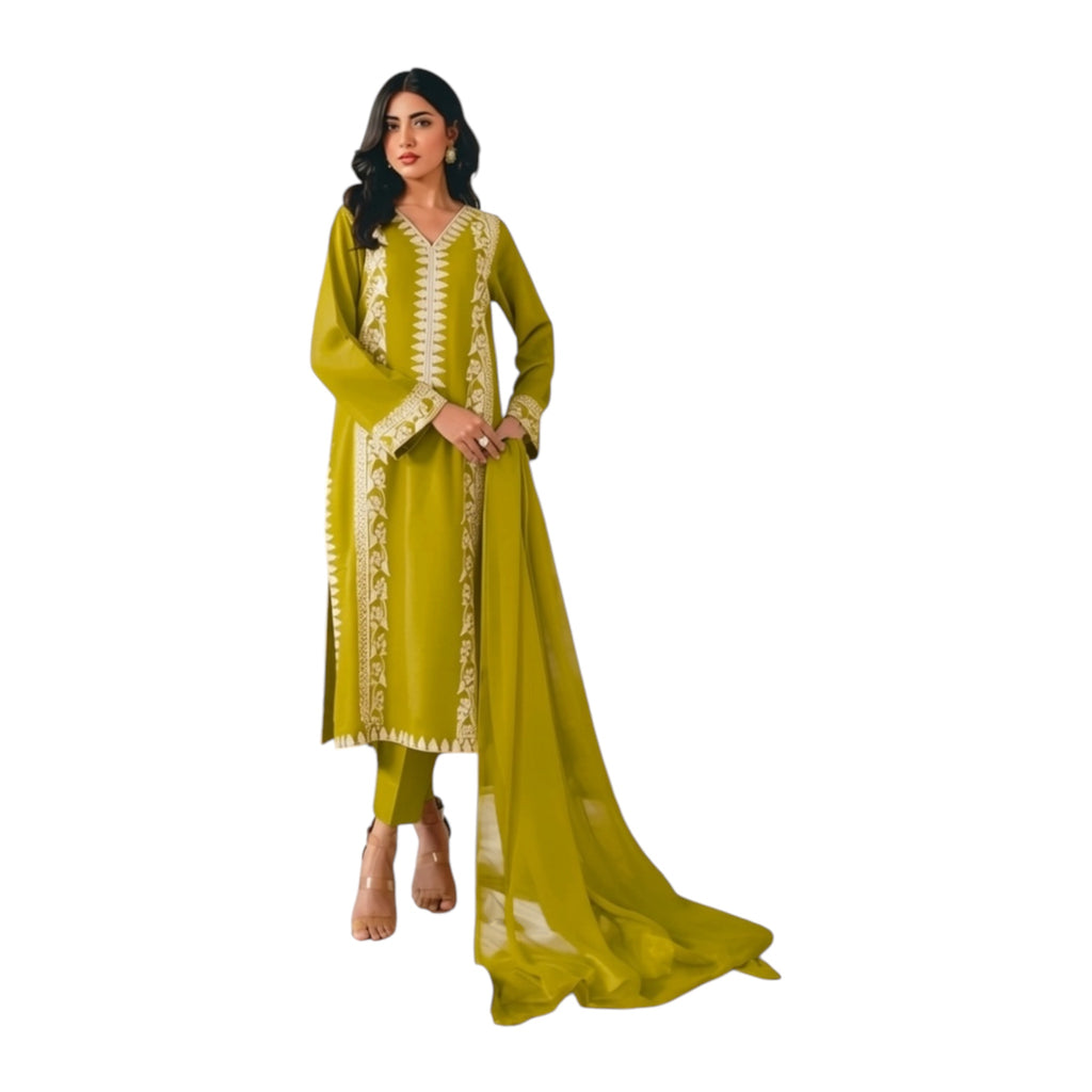 3 Piece Stitched Mustard Linen Suit (SF03)