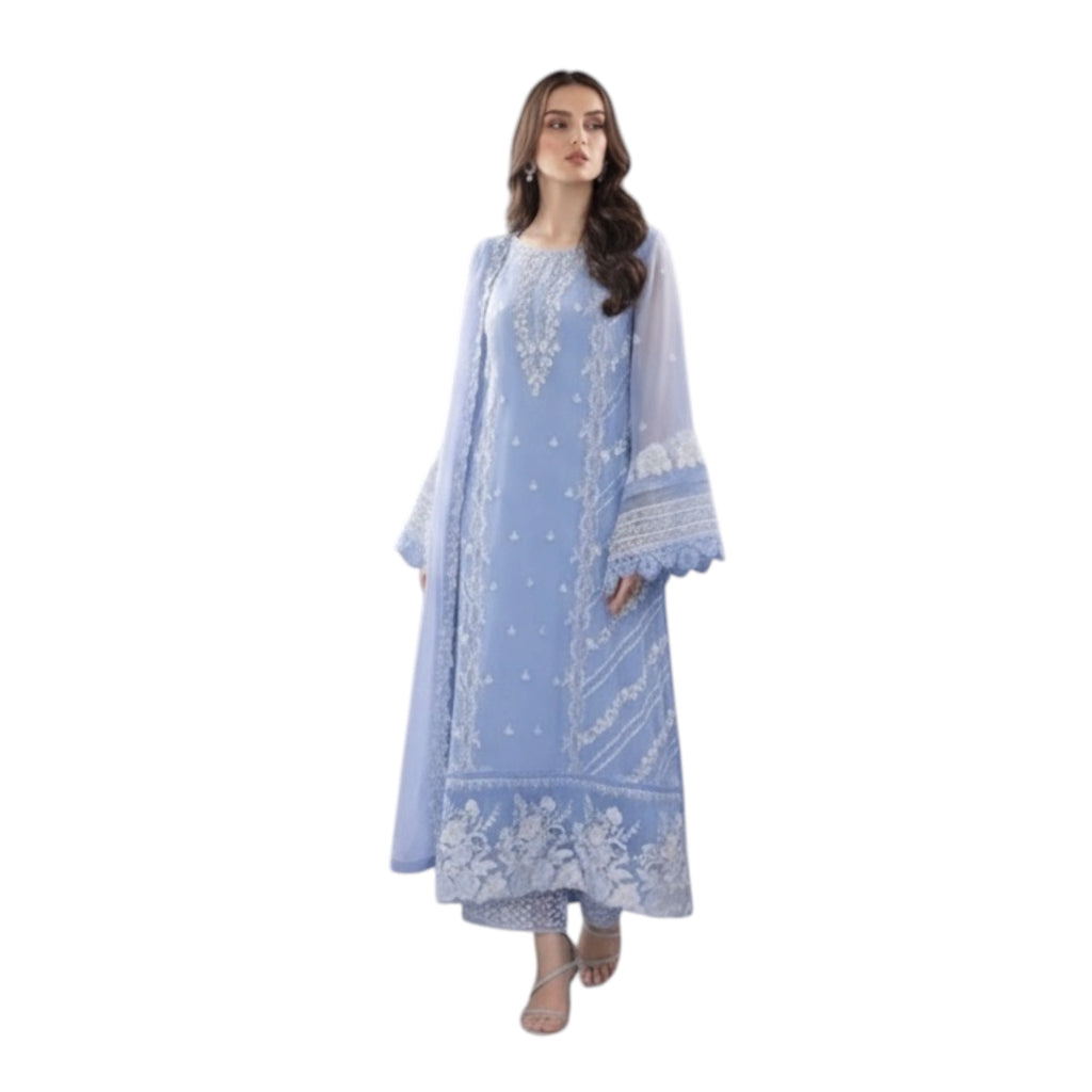 3 Piece Stitched Baby Blue Organza Suit (SF01)