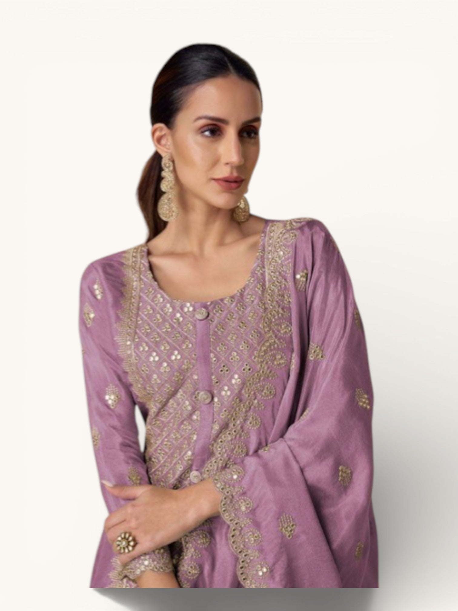 3 Piece Stitched Partywear Simmer Silk Suit (Lilac)