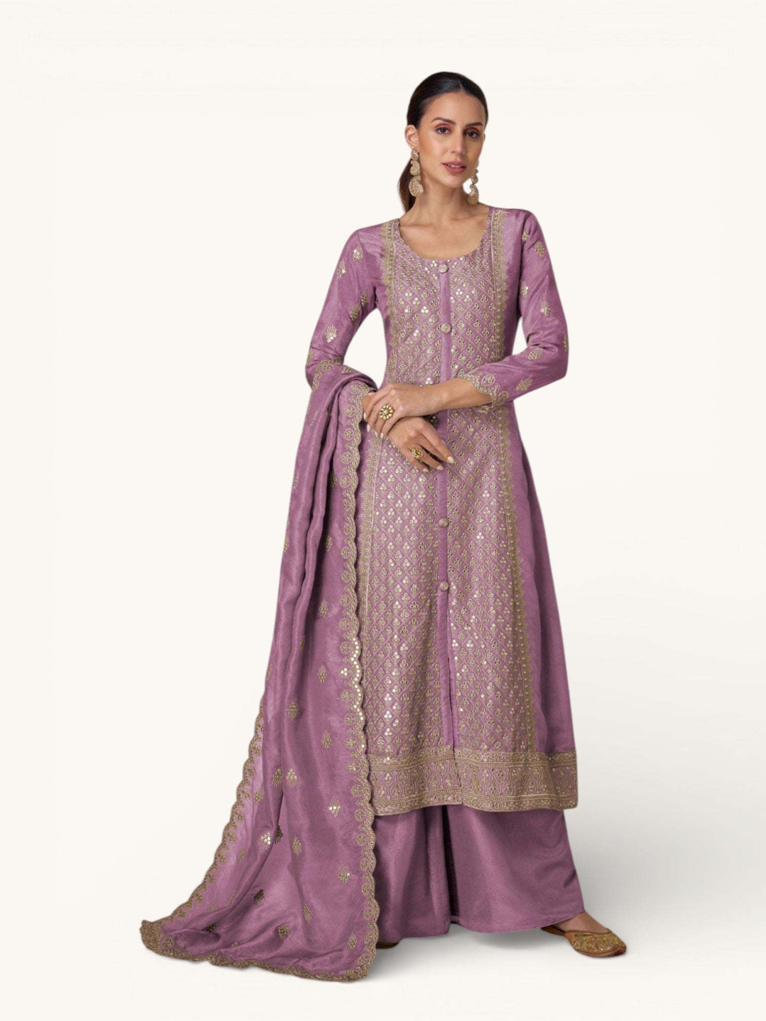 3 Piece Stitched Partywear Simmer Silk Suit (Lilac)