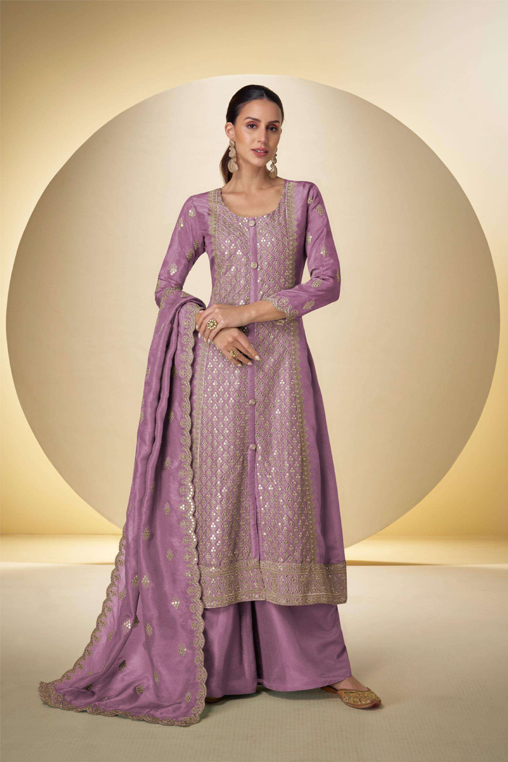 3 Piece Stitched Partywear Simmer Silk Suit (Lilac)
