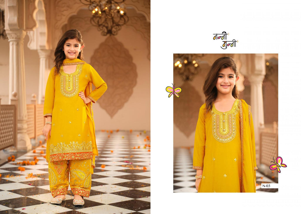 3 Piece Girls Partywear Stitched Suit (N03) Yellow