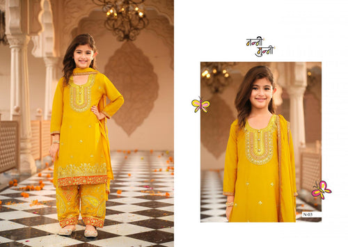 3 Piece Girls Partywear Stitched Suit (N03) Yellow