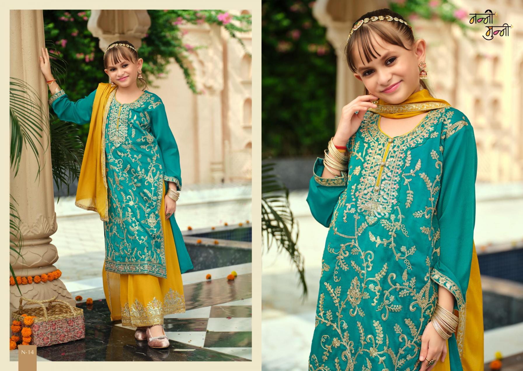 3 Piece Girls Partywear Stitched Suit (N14) Green/Yellow
