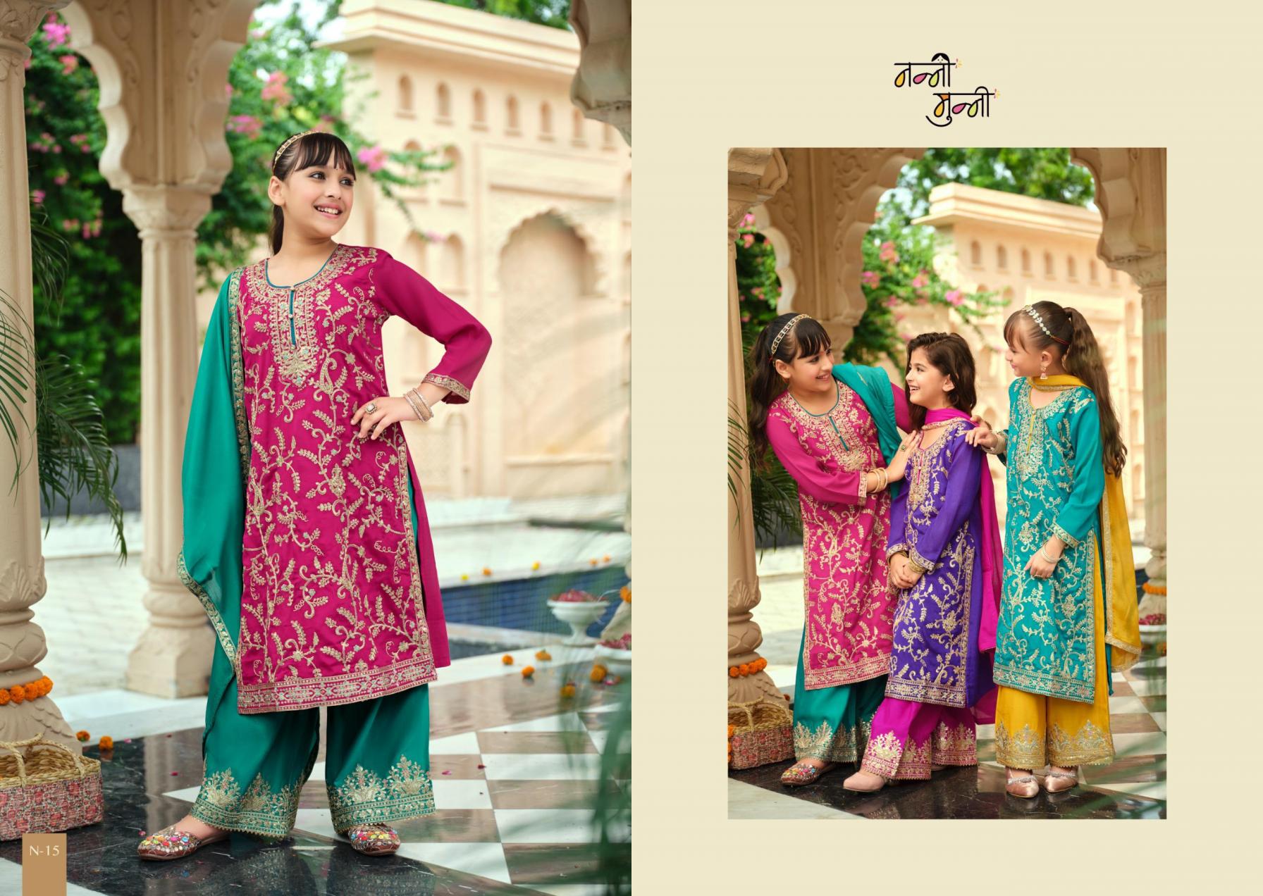3 Piece Girls Partywear Stitched Suit (N15) Pink/Green