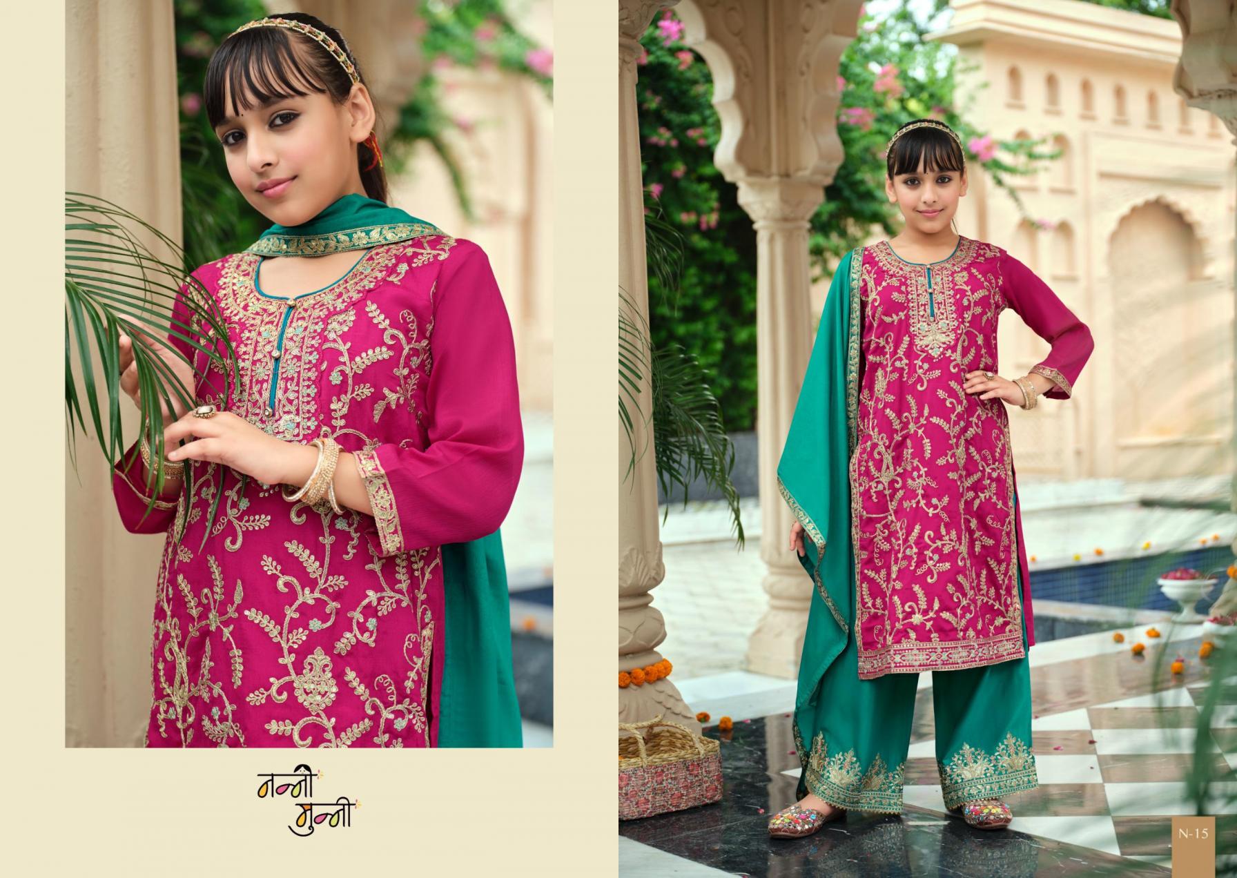 3 Piece Girls Partywear Stitched Suit (N15) Pink/Green