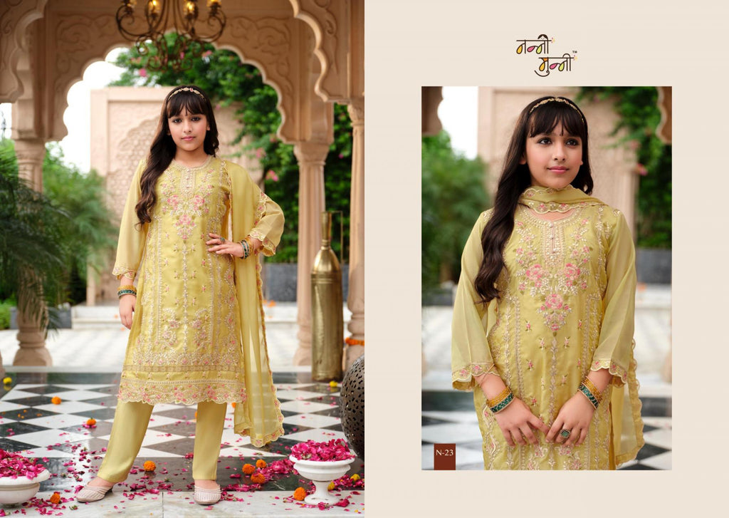 3 Piece Girls Partywear Stitched Suit (N23) Light pale yellow