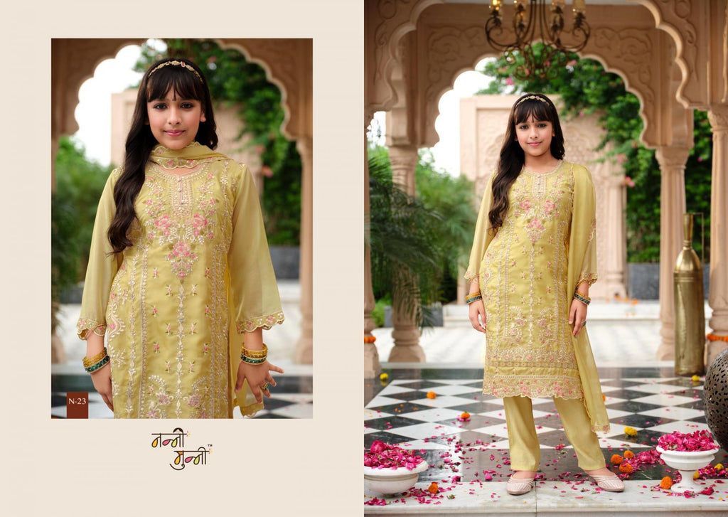 3 Piece Girls Partywear Stitched Suit (N23) Light pale yellow