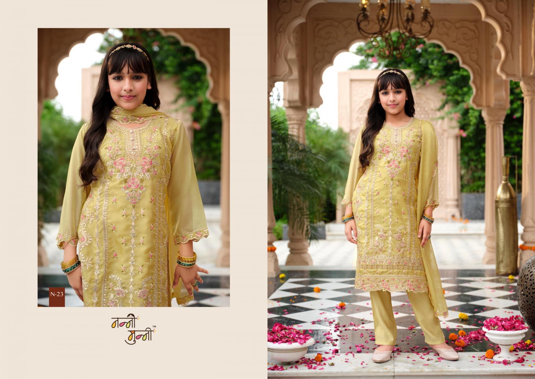 3 Piece Girls Partywear Stitched Suit (N23) Light pale yellow