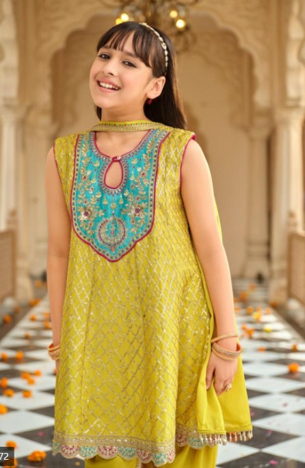 3 Piece Girls Partywear Stitched Suit (N39) Yellow