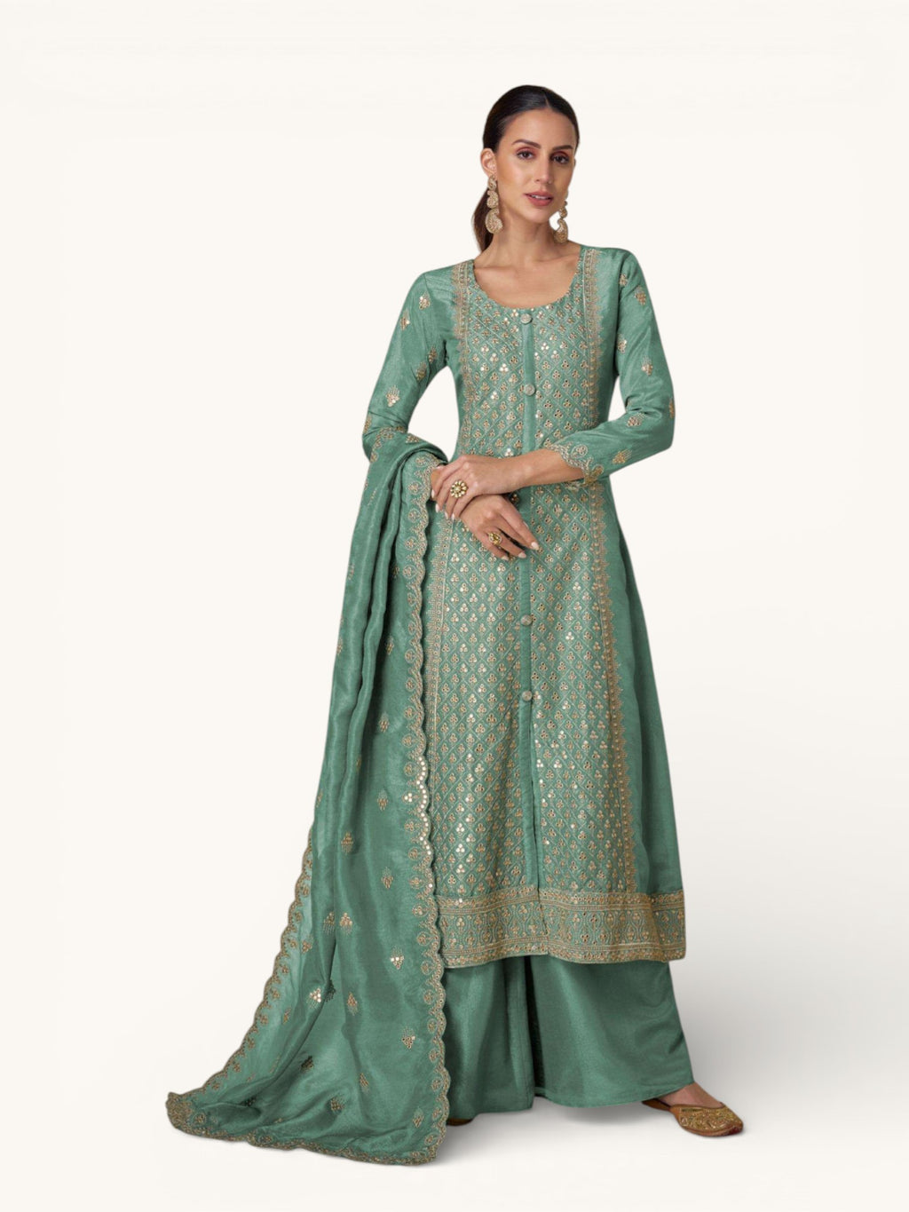 3 Piece Stitched Partywear Simmer Silk Suit (Pale Sea Green)