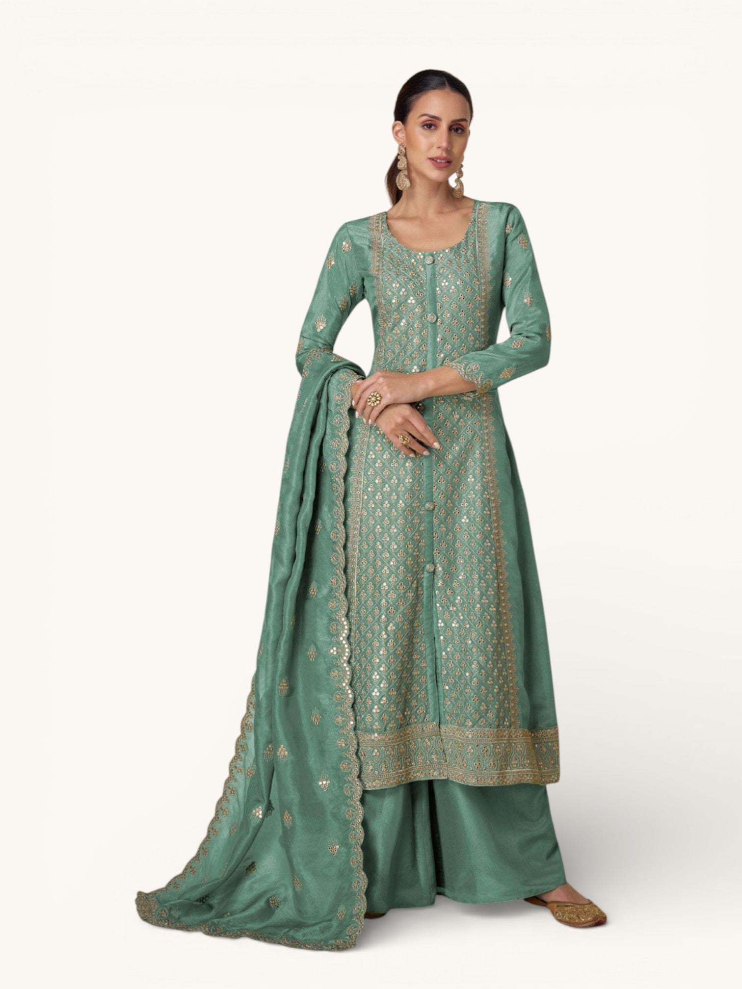 3 Piece Stitched Partywear Simmer Silk Suit (Pale Sea Green)