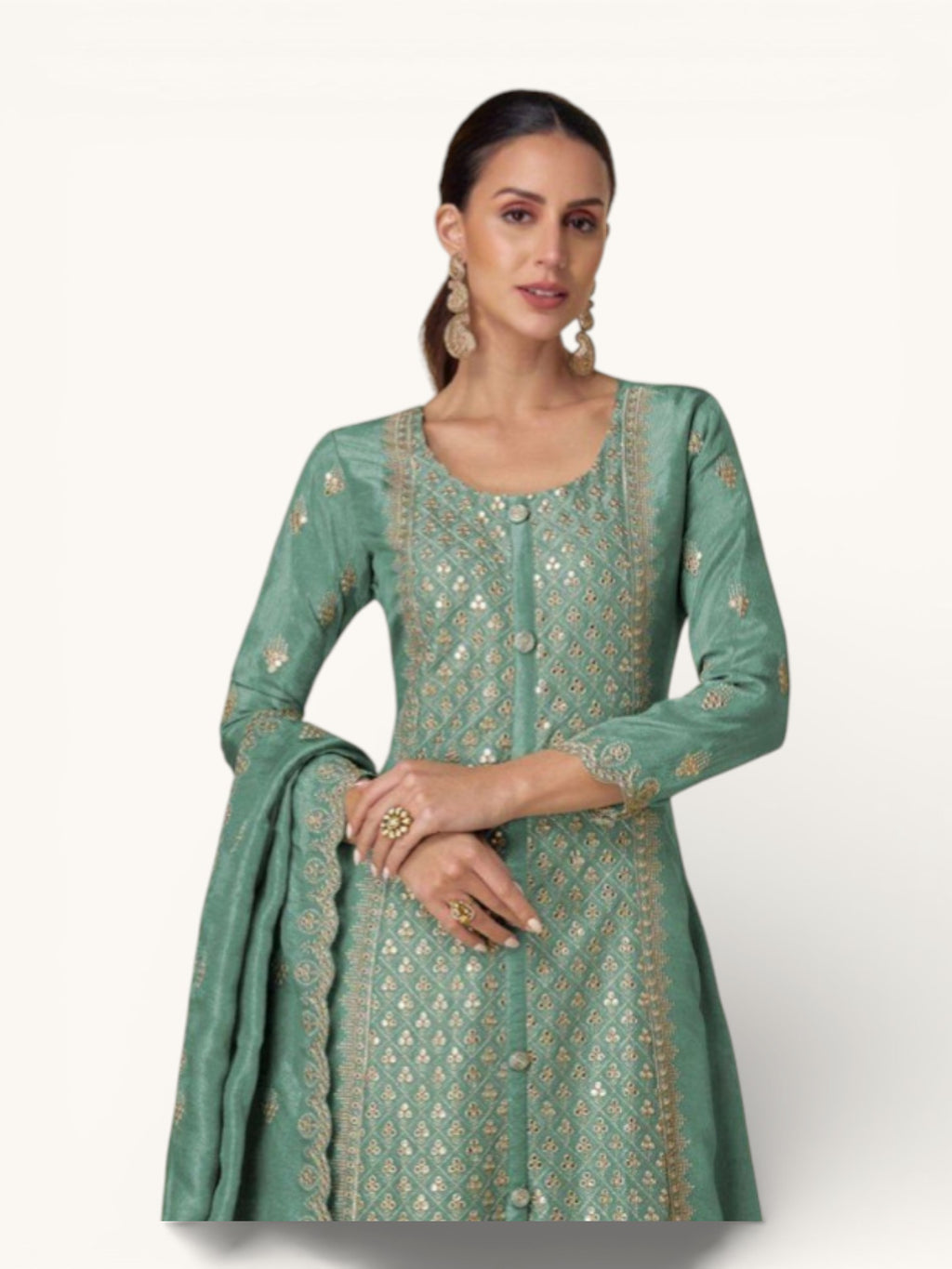 3 Piece Stitched Partywear Simmer Silk Suit (Pale Sea Green)