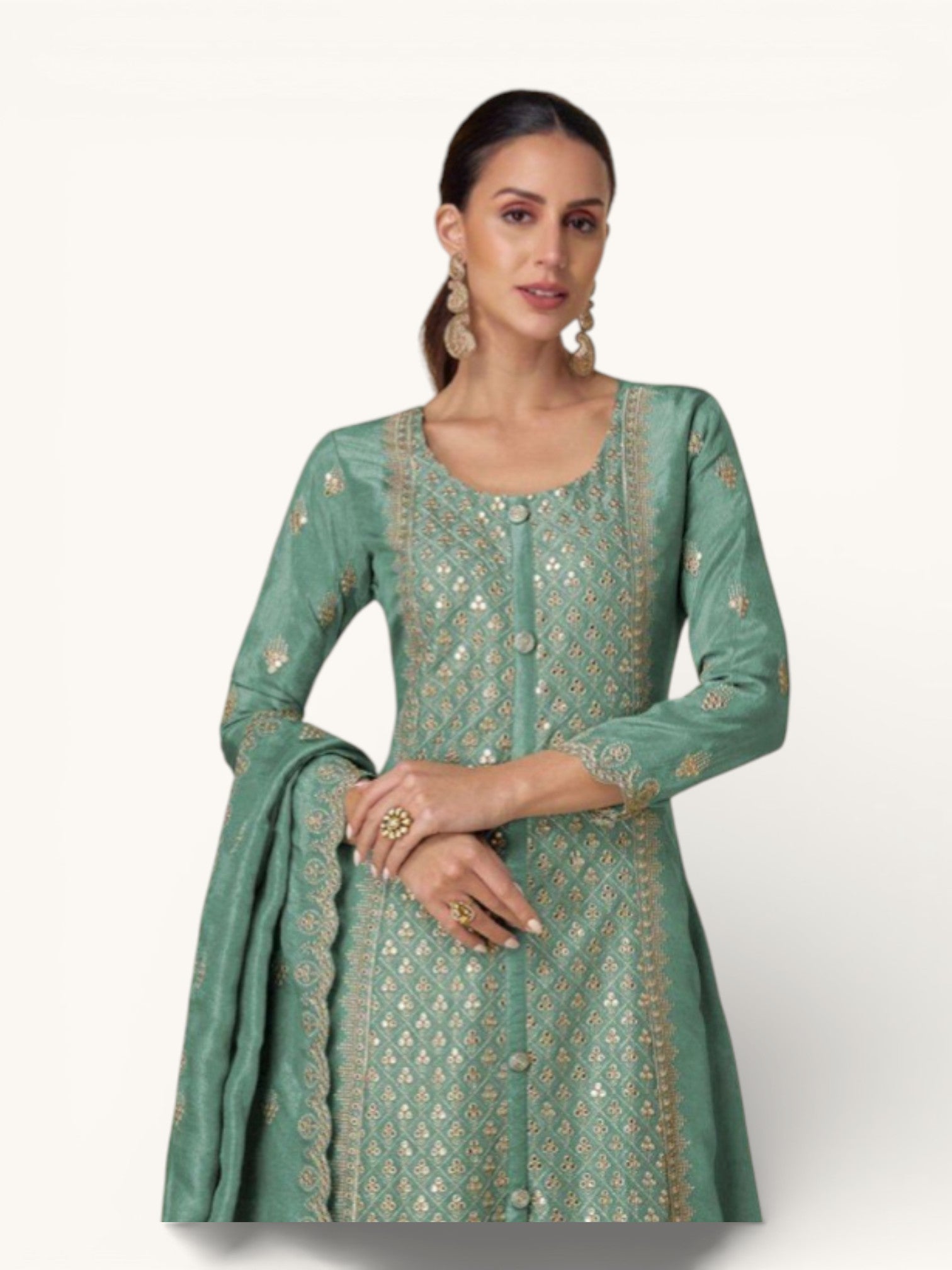 3 Piece Stitched Partywear Simmer Silk Suit (Pale Sea Green)