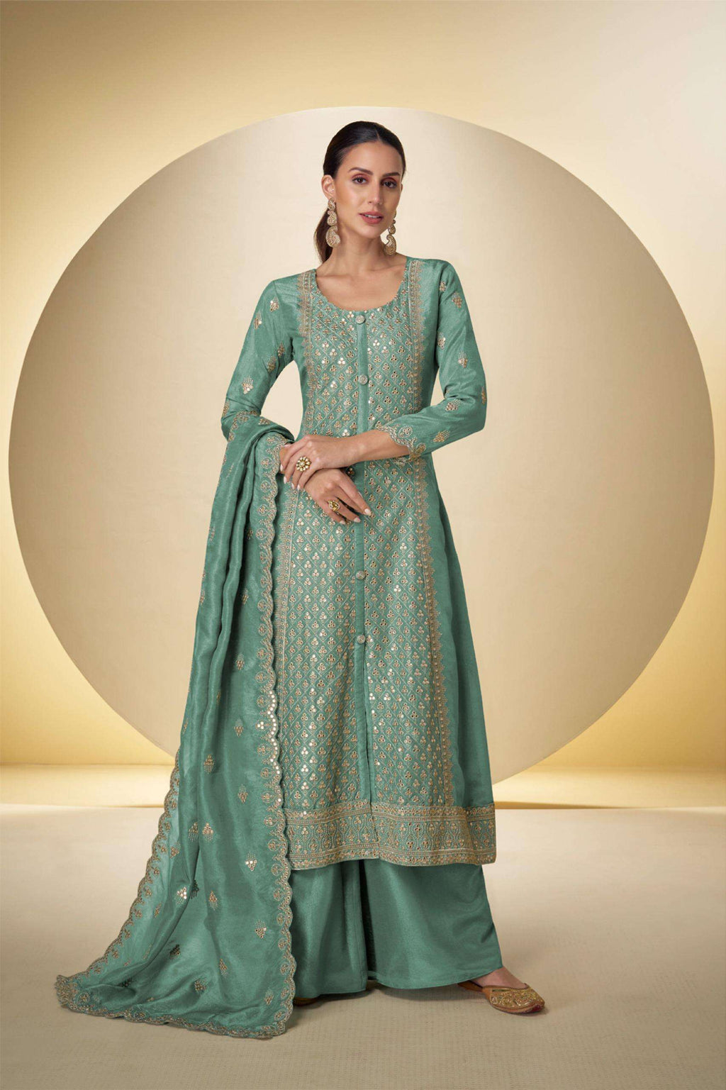 3 Piece Stitched Partywear Simmer Silk Suit (Pale Sea Green)