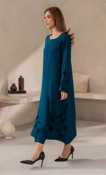 3 Piece Kameez and Dupatta - Linen Stitched Suit in Teal/Black with elegant embroidery with Matching Dupatta
