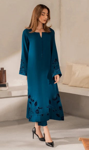 3 Piece Kameez and Dupatta - Linen Stitched Suit in Teal/Black with elegant embroidery with Matching Dupatta