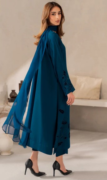 3 Piece Kameez and Dupatta - Linen Stitched Suit in Teal/Black with elegant embroidery with Matching Dupatta