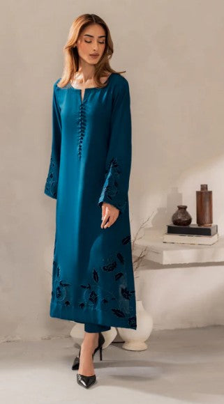 3 Piece Kameez and Dupatta - Linen Stitched Suit in Teal/Black with elegant embroidery with Matching Dupatta