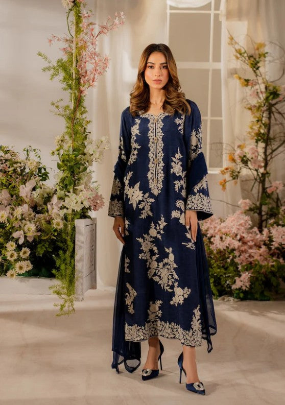 2 Piece Kameez and Dupatta - Blue Stitched Linen Kameez with stunning all over embroidery and matching Dupatta