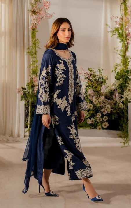 2 Piece Kameez and Dupatta - Blue Stitched Linen Kameez with stunning all over embroidery and matching Dupatta