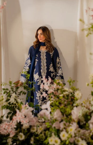 2 Piece Kameez and Dupatta - Blue Stitched Linen Kameez with stunning all over embroidery and matching Dupatta