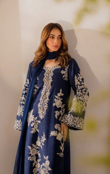 2 Piece Kameez and Dupatta - Blue Stitched Linen Kameez with stunning all over embroidery and matching Dupatta