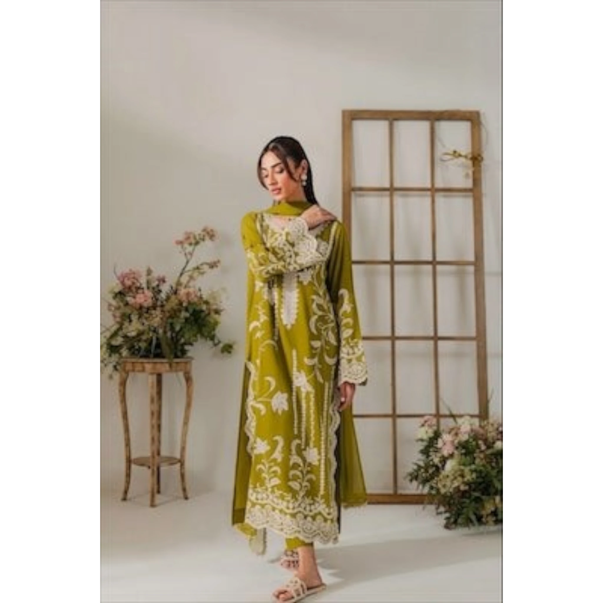 3 Piece Stitched Olive Mustard Linen Suit (SF04)